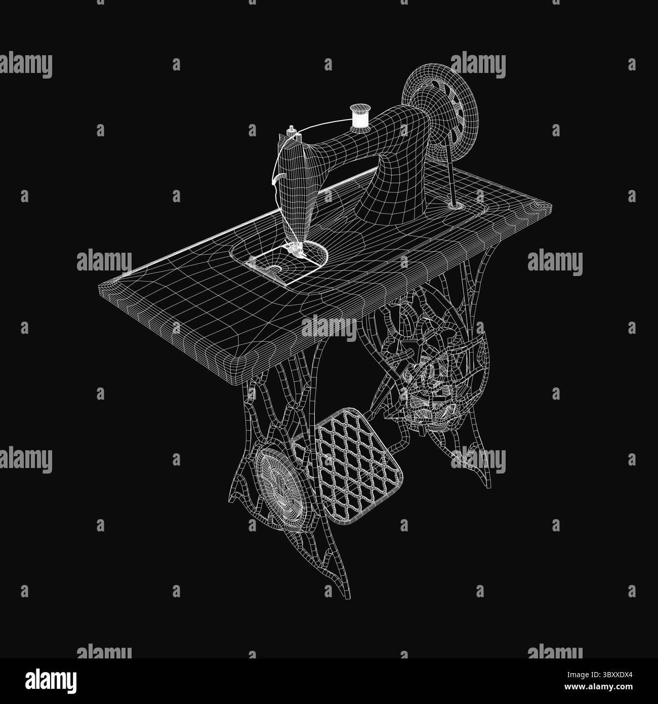 Ein 3D-Modell einer Nähmaschine mit detaillierten Nähmechanismen, platziert auf einem eleganten schwarzen Hintergrund für Kontrast. Das lizenzfreie Modell verfügt über Stock Vektor