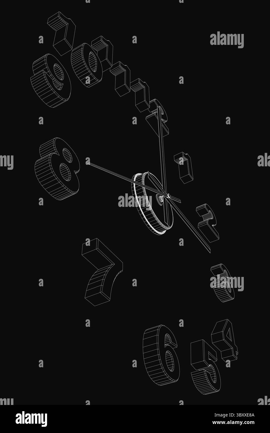 Eine weiße Uhr mit schwarzen symmetrischen Zahlen hebt sich von einem massiven schwarzen Hintergrund ab. Das klare, minimalistische Design betont die zentrale Uhr fa Stock Vektor