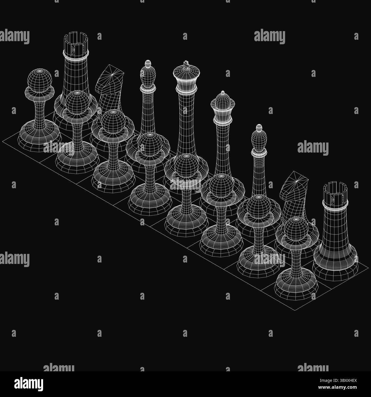 Ein 3D-Modell eines Schachspiels mit Metallstücken, die in traditioneller Form angeordnet sind, mit glänzenden weißen Teilen auf schwarzem Hintergrund. Der König und Stock Vektor