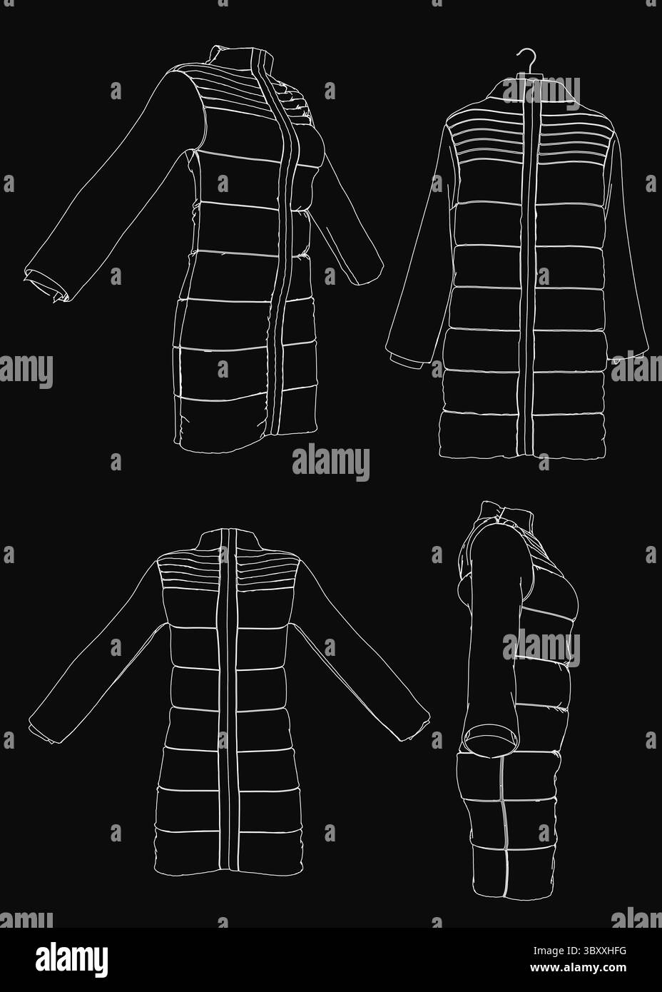 Die Linie der Damenjacke auf schwarzem Hintergrund hat einen hohen Kragen, lange Ärmel und einen Reißverschluss. Leichtes, wasserabweisendes Material mit Stock Vektor