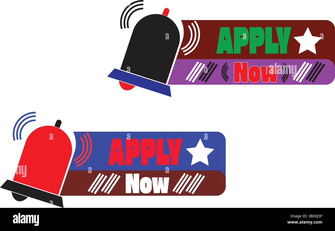 Multicolor Apply Now Alert Label Vektor mit Sternsymbol und roter Notrufglocke für Werbezwecke Stock Vektor