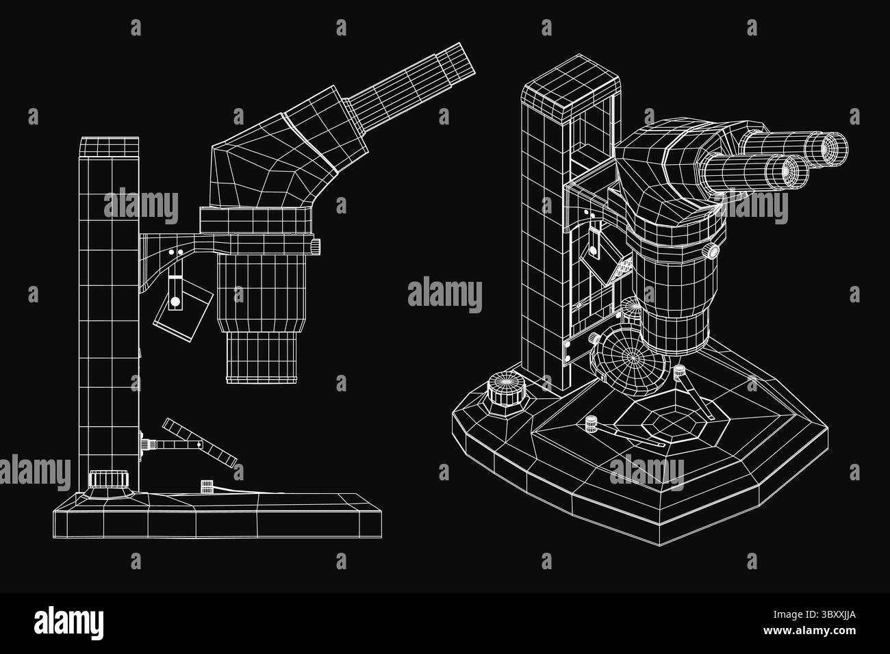 Ein detailliertes 3D-Modell eines Mikroskops auf schwarzem Hintergrund, das seinen komplexen Entwurf mit beschrifteten Komponenten und präziser Konstruktion zeigt. Die des Stock Vektor