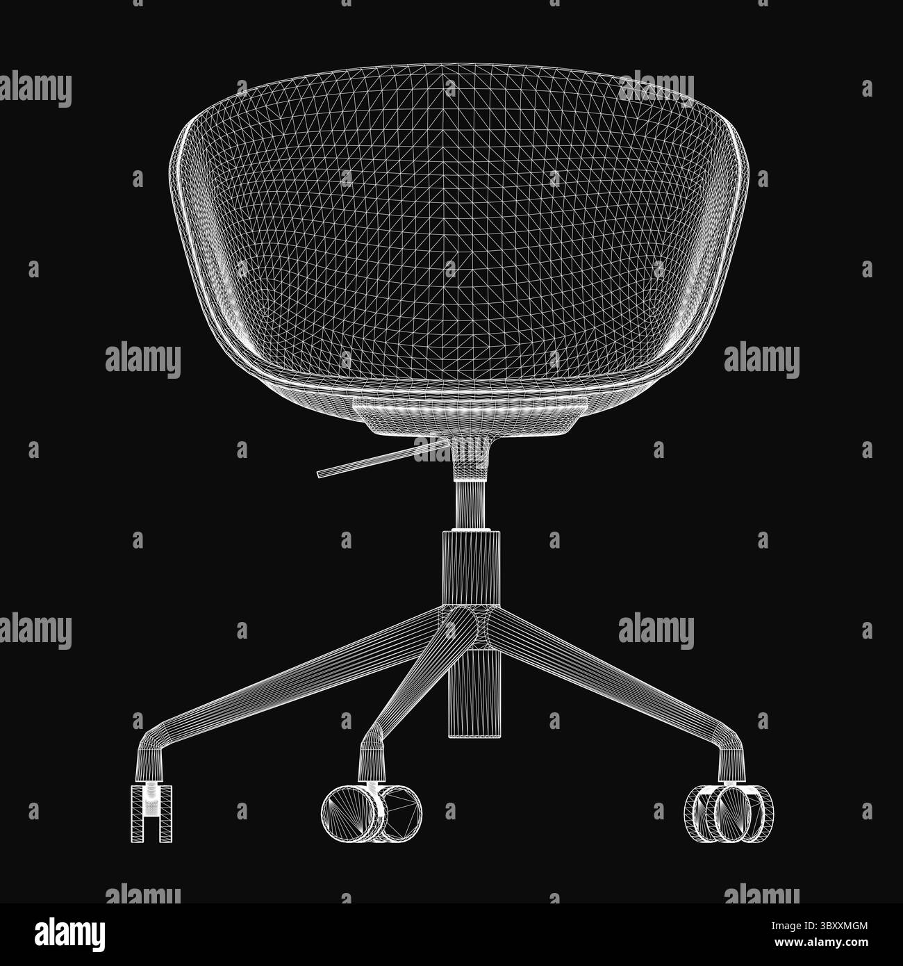 Moderner Bürostuhl mit einer schlanken, geschwungenen Rückenlehne und Armlehnen, entworfen für Komfort und Mobilität. Das 3D-gerenderte Modell verfügt über vier Glättung Stock Vektor