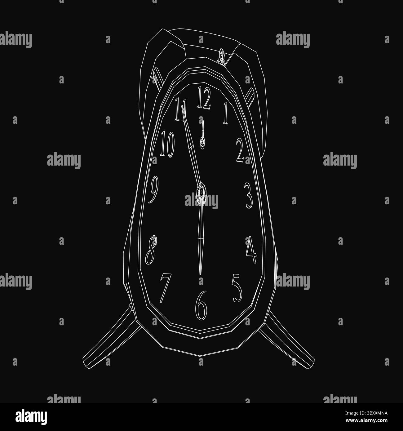 Schwarz-weißer Wecker mit weißem Gesicht, schwarzen Zeigern und fetten Zahlen hebt sich vor einem dunklen Hintergrund ab. Die Uhr ist mit einem eleganten schwarzen bo ausgestattet Stock Vektor