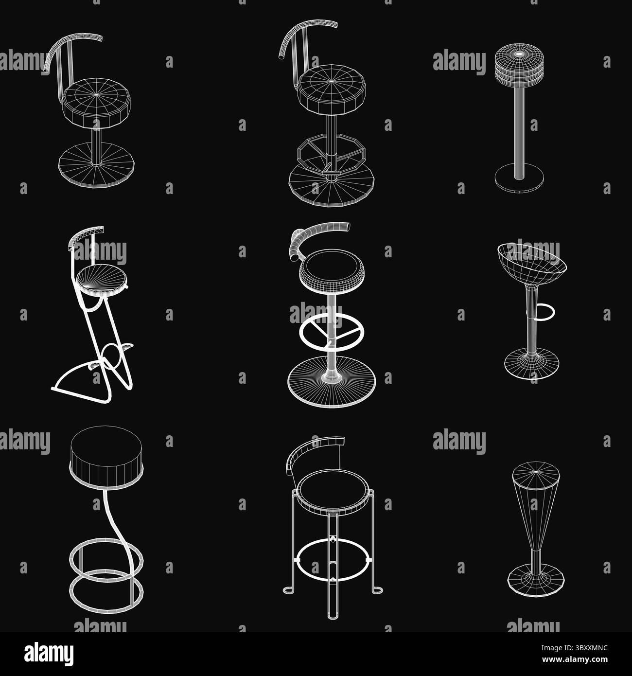 Ein Satz weißer Barhocker, die in einer Reihe angeordnet sind, jeder mit einem einzigartigen Design, das sich von einem eleganten schwarzen Hintergrund abhebt. Die minimalistische Komposition hig Stock Vektor