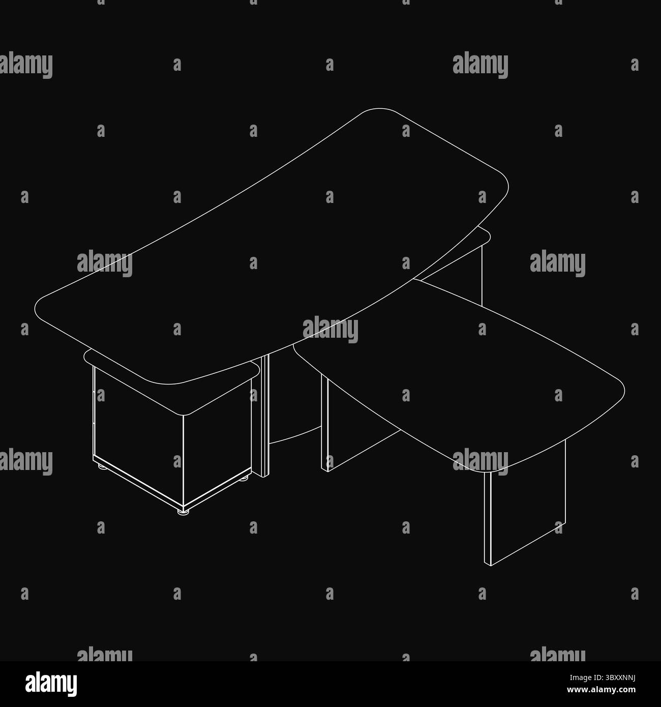 Ein eleganter, moderner Konferenztisch mit zwei Bänken, gezeichnet in klaren Linien vor schwarzem Hintergrund. Das rechteckige Design besticht durch minimalistische Details Stock Vektor