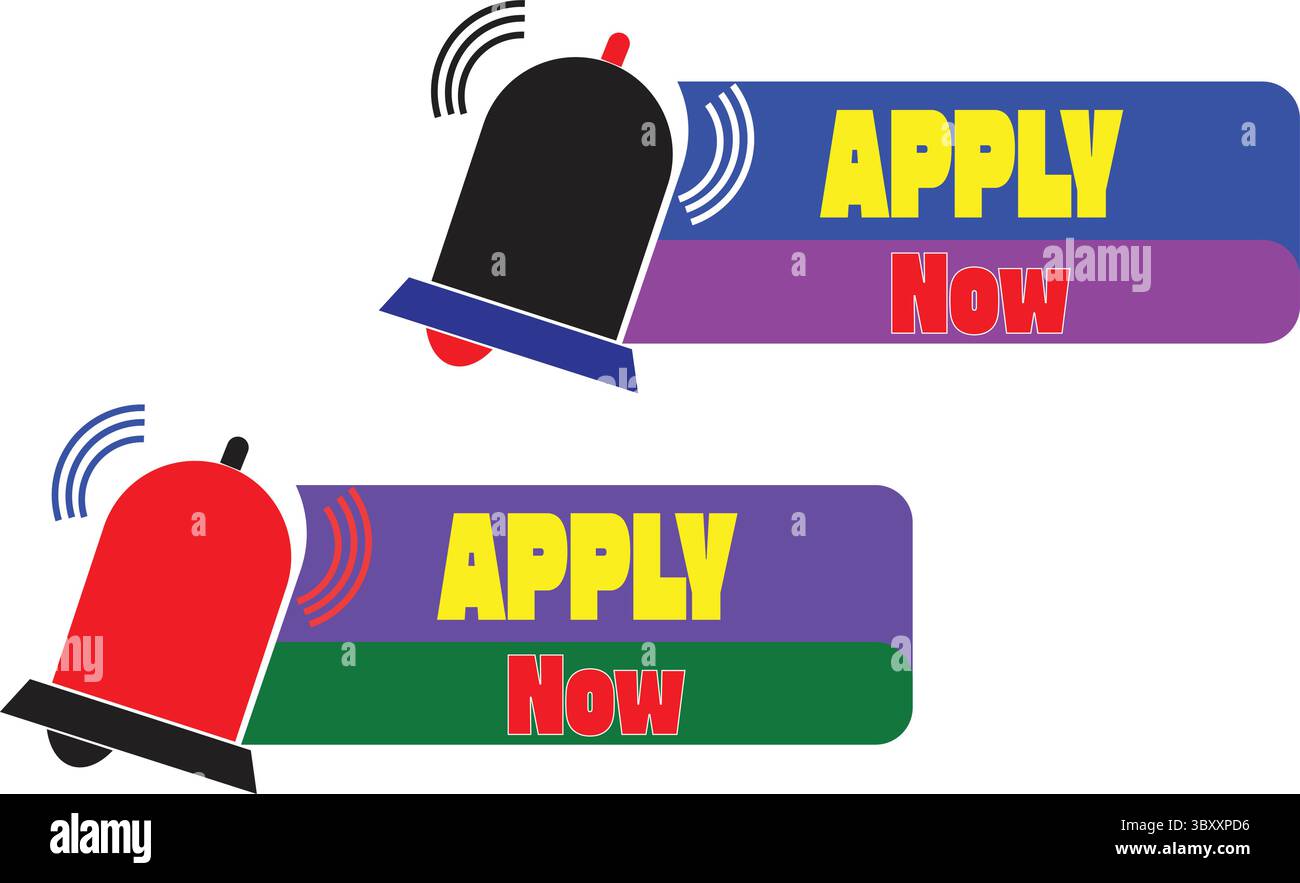 Rote und blaue Apply Now-Vektorschaltflächen mit Klingelwarnsymbolen für Website-Banner und App-Benutzeroberfläche Stock Vektor