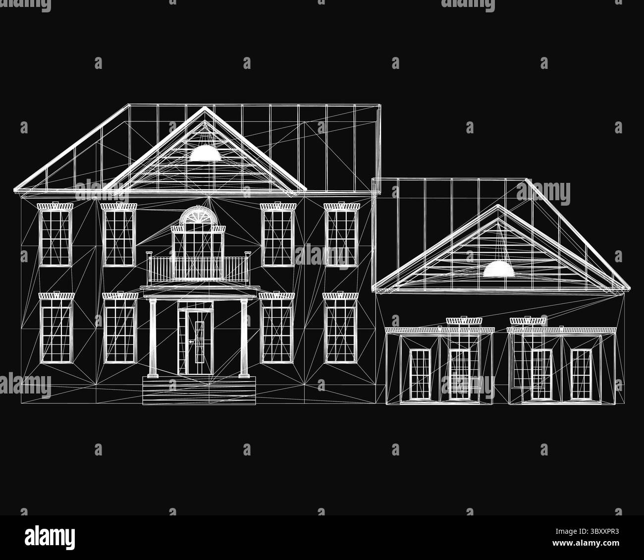 Entwurf eines Hauses mit klaren architektonischen Linien und detailliertem Layout, dargestellt auf einem eleganten schwarzen Hintergrund. In der Übersicht werden Raumabteilungen hervorgehoben, Stock Vektor