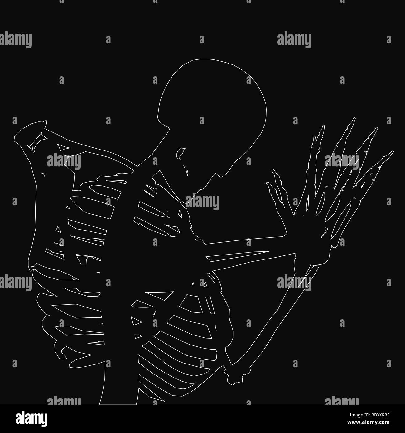 Eine Skelett-Silhouette in Gebetsposition mit weißer Umrandung auf schwarzem Hintergrund, Vektor-Illustration. Die Abbildung ist mit klaren Linien versehen, wodurch ein erzeugt wird Stock Vektor