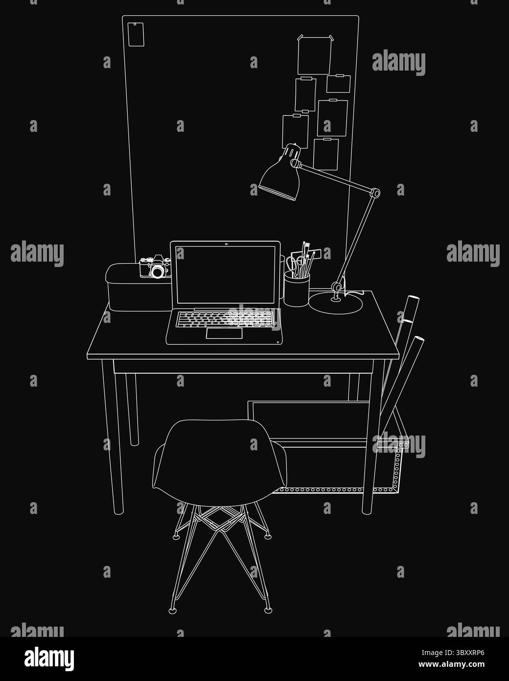 Ein eleganter Laptop befindet sich auf einem Holzschreibtisch mit Lampe, Stiften und Kamera in der Nähe, während ein Stuhl zum Arbeitsbereich hin zeigt. Ein Brett hängt im Hintergrund, Stock Vektor