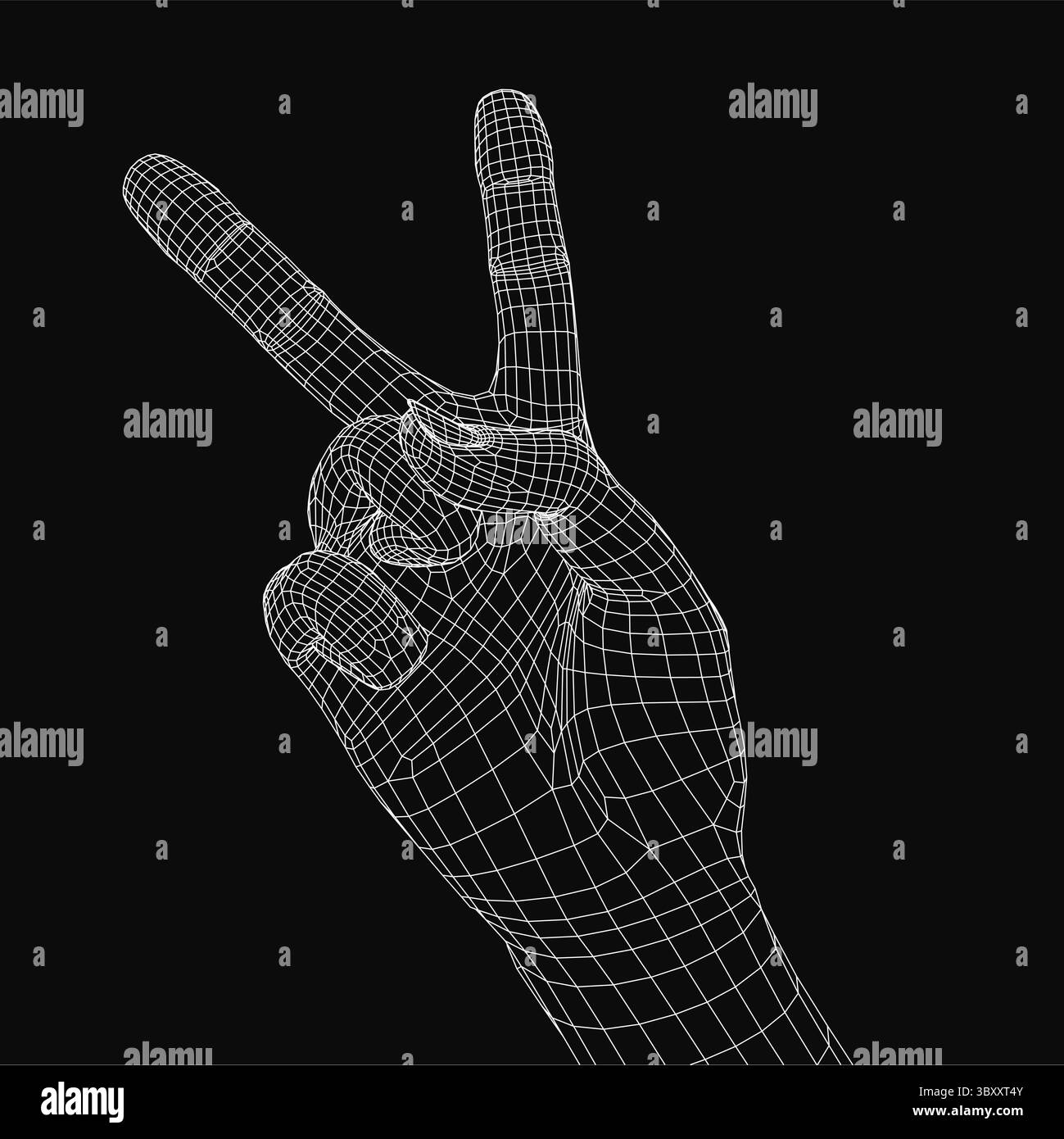 Ein 3D-Modell einer Hand, die ein Friedenszeichen bildet, mit gespreizten Fingern und ausgestrecktem Daumen, in realistischen Details gerendert. Die Hautstruktur und die Fingerfalten A Stock Vektor