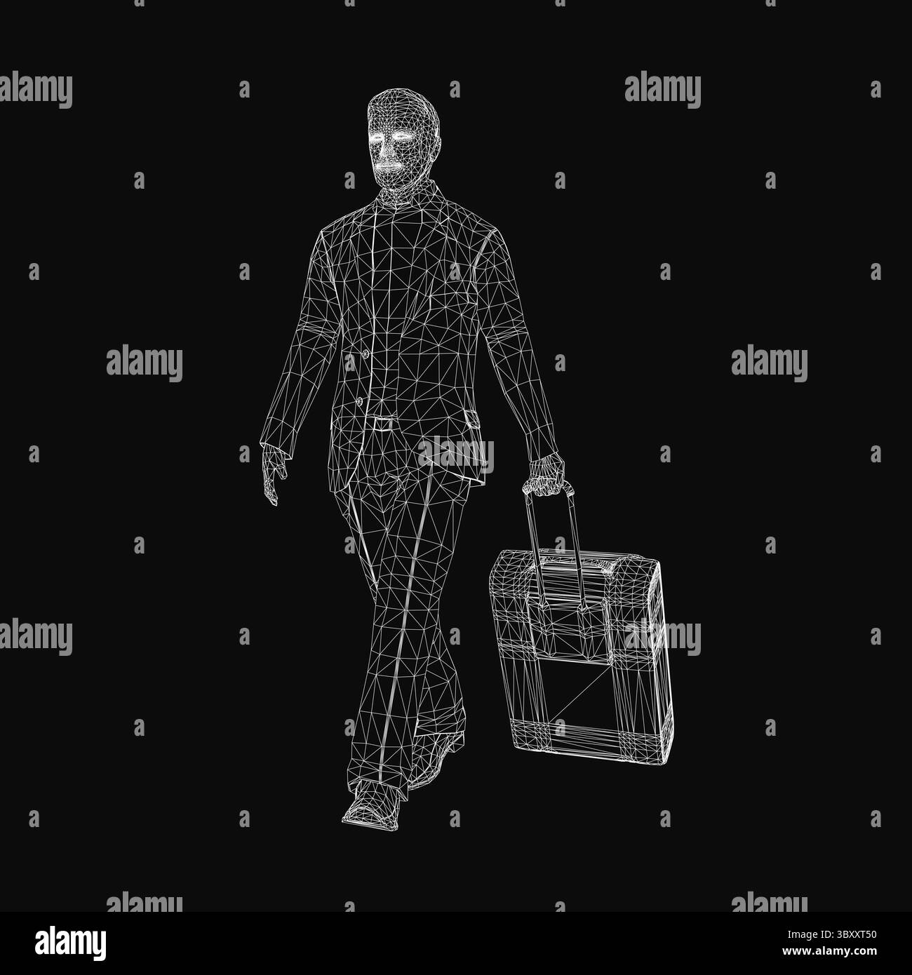 Ein selbstbewusster Mann in einem scharfen Anzug tritt mit einem hellgelben Koffer voran, der Entschlossenheit und Reisebereitschaft ausstrahlt. Sein fokussierter Ausdruck Stock Vektor