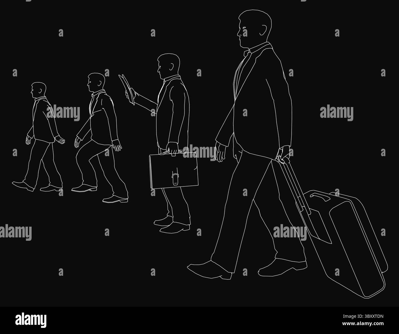 Ein entschlossener Geschäftsmann in einem Anzug läuft zügig und hält Koffer und Aktentasche vor dunklem Hintergrund. Sein fokussierter Ausdruck vermittelt Dringlichkeit A Stock Vektor