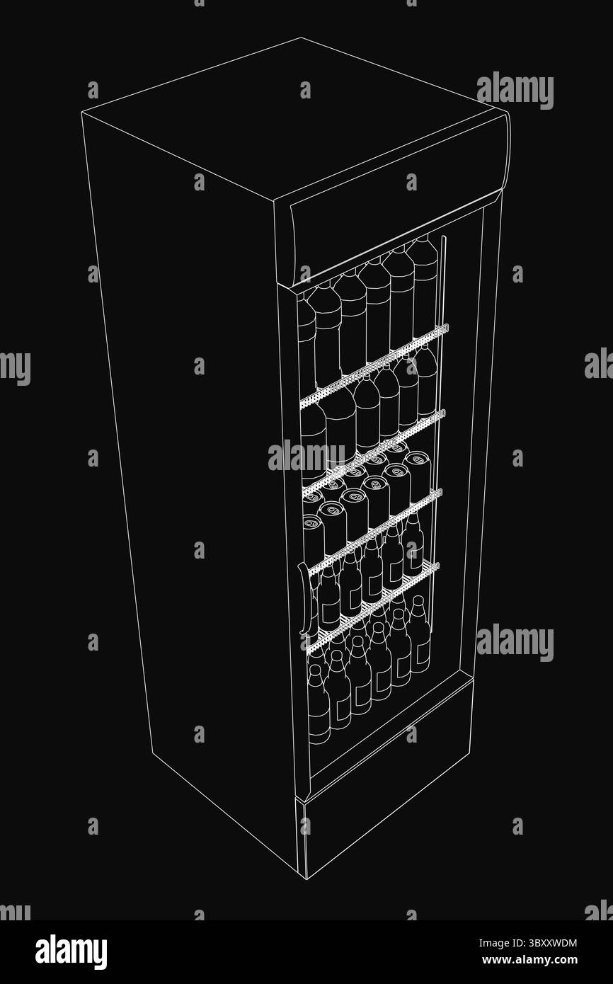 Schwarz-weißes 3D-Modell eines Kühlschranks mit transparenter Glastür, die ordentlich angeordnete Flaschen im Inneren freigibt. Die sauberen Leitungen und m Stock Vektor