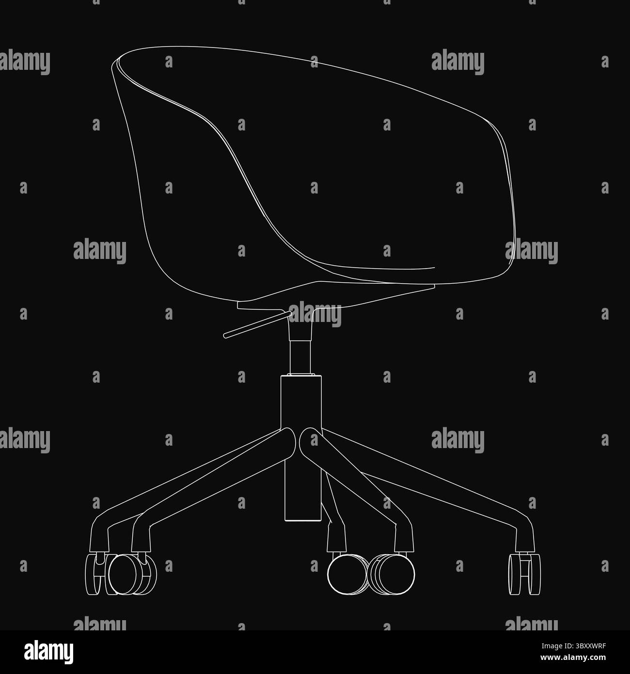 Schwarz-weiße Linienzeichnung eines eleganten modernen Bürostuhls mit geschwungener Rückenlehne, Armlehnen und vier Rädern für Mobilität, isoliert auf einem schwarzen Hintergrund Stock Vektor