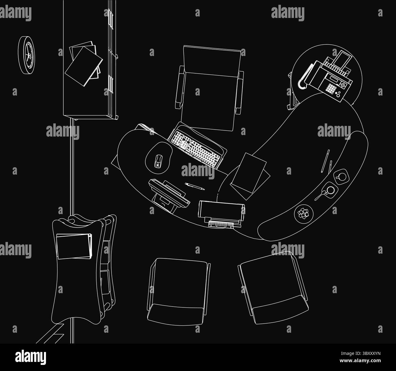 Eine schwarz-weiße Linienzeichnung eines modernen Arbeitsplatzes mit Computer, Tastatur und Maus auf einem eleganten Schreibtisch. Der dunkle Hintergrund hebt den Bereich hervor Stock Vektor