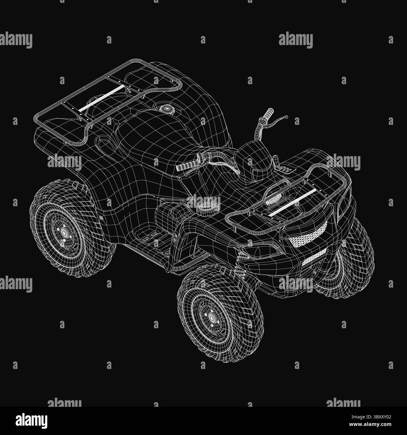 Ein 3D-Modell eines Vierrad-ATV mit realistischer Drahtmodellstruktur, detailgetreu auf einem eleganten schwarzen Hintergrund. Das Design hebt den hervor Stock Vektor