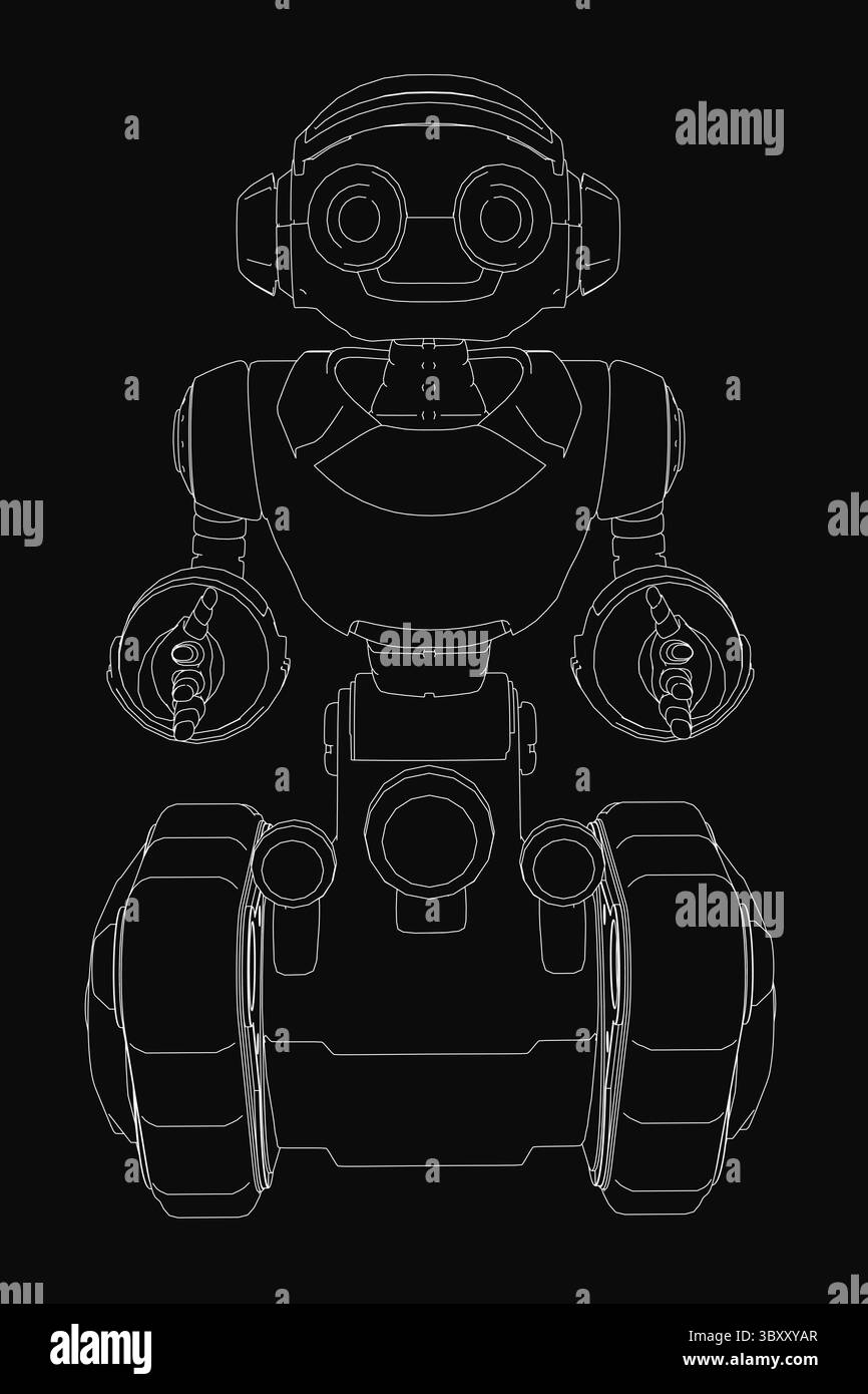 Eine detaillierte Schwarzweißzeichnung eines freundlichen Roboters mit ausgestreckten Armen und leicht gebogenen Beinen, der auf schwarzem Hintergrund steht. Sein Kopf ist geneigt Stock Vektor