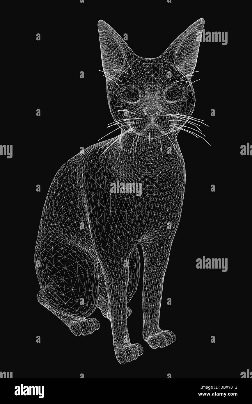 Eine schwarz-weiße Drahtgestell-Katze sitzt elegant auf einem dunklen Hintergrund und zeigt klare geometrische Linien und eine minimalistische Ästhetik. Die digitale Illustration Stock Vektor