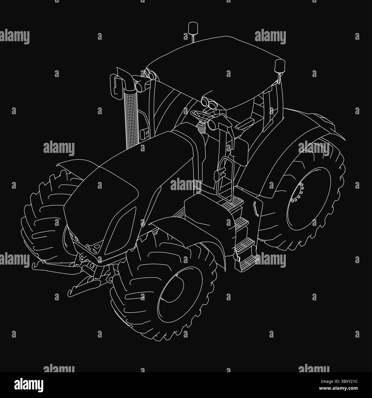 Eine detaillierte Schwarzweiß-Zeichnung eines Traktors mit großen Rädern und einer markanten Kabine, auf einem massiven schwarzen Hintergrund für starken Kontrast. Die Il Stock Vektor