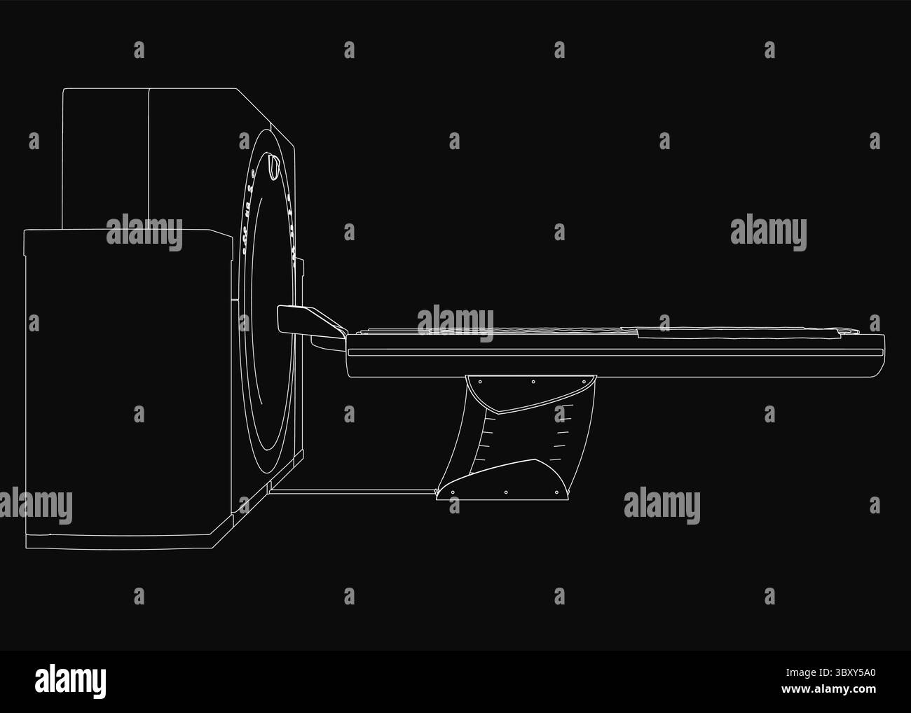 Eine schwarz-weiße Zeichnung eines MRT-Geräts mit zylindrischem Design, oberem Griff und seitlichem Bedienfeld. Der Tomograph ist in einem Ich eingeschlossen Stock Vektor