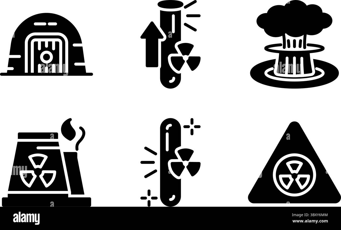 Icons zu nuklearen Themen Anlage, Uran, Anreicherungsprozess, Bunker, Explosion, und Warnung. Ideal für Konflikte, Energie und globale Bedrohungskonzepte. Stock Vektor