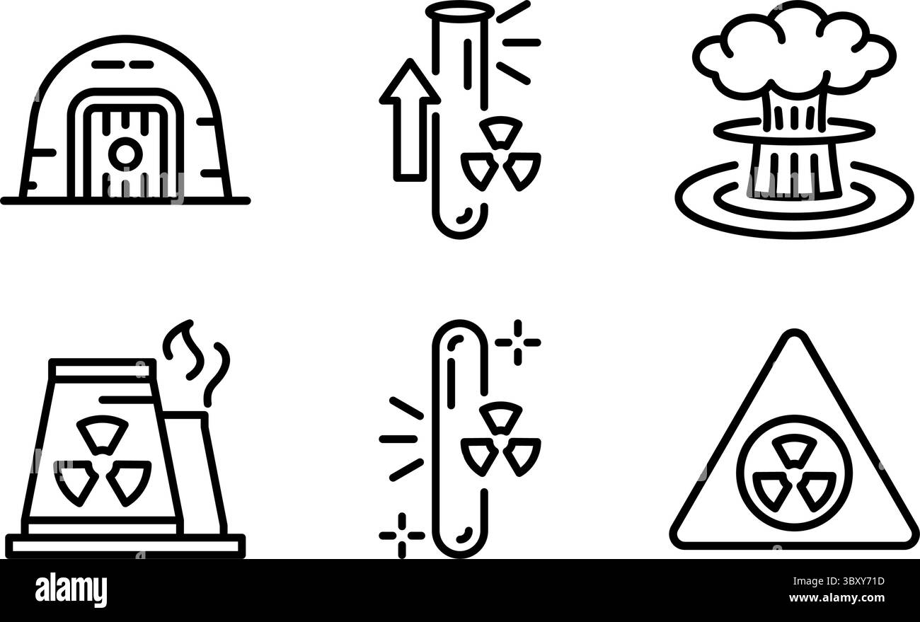 Icons zu nuklearen Themen Anlage, Uran, Anreicherungsprozess, Bunker, Explosion, und Warnung. Ideal für Konflikte, Energie und globale Bedrohungskonzepte. Stock Vektor