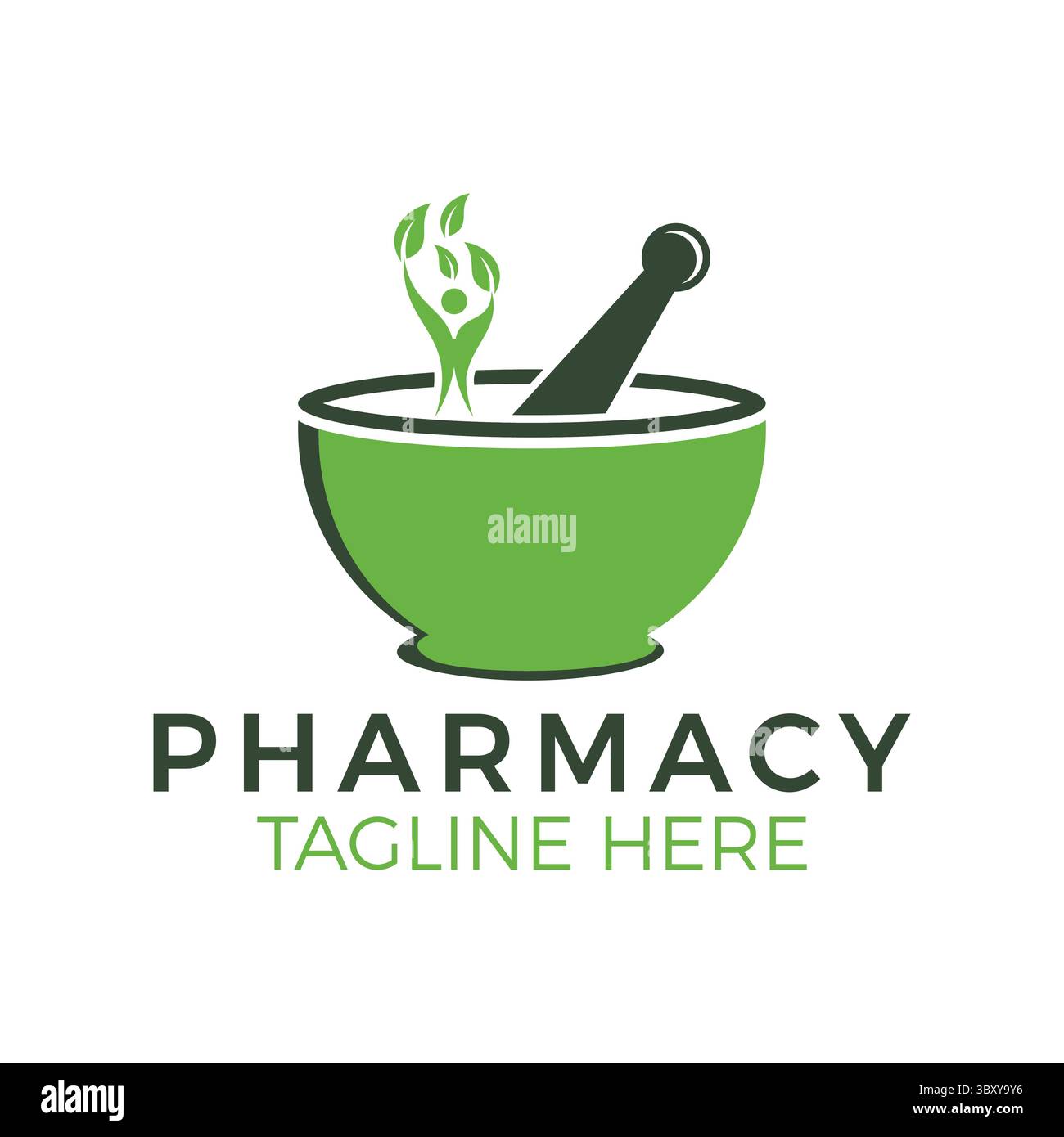 Kräuterpharmacy Logo Vorlage Vektor Branding Design mit Mörtel, Stößel und Blatt Symbol für natürliche Medizin. Stock Vektor