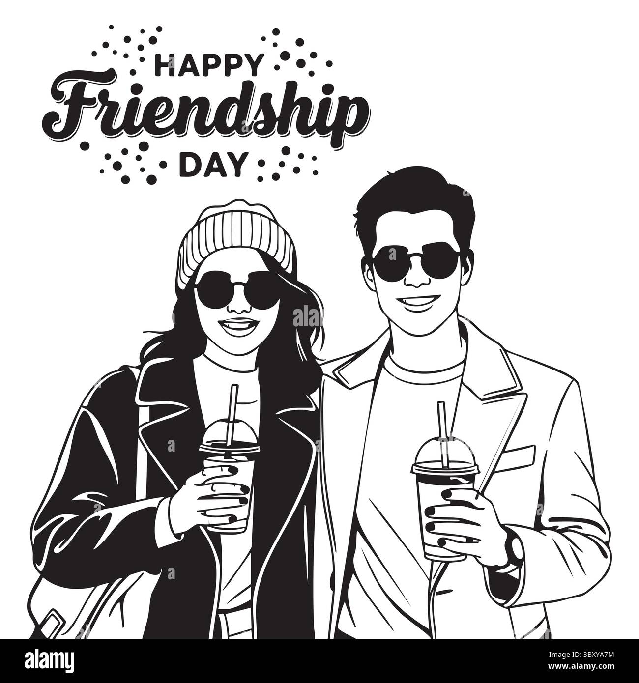 Freundschaftstag Hand gezeichnet Vektor-Illustrationen von besten Freunden umarmen, lachen, zusammen sitzen, Gruppe Freunde Kunstwerke für Karten, Poster, Aufkleber Stock Vektor