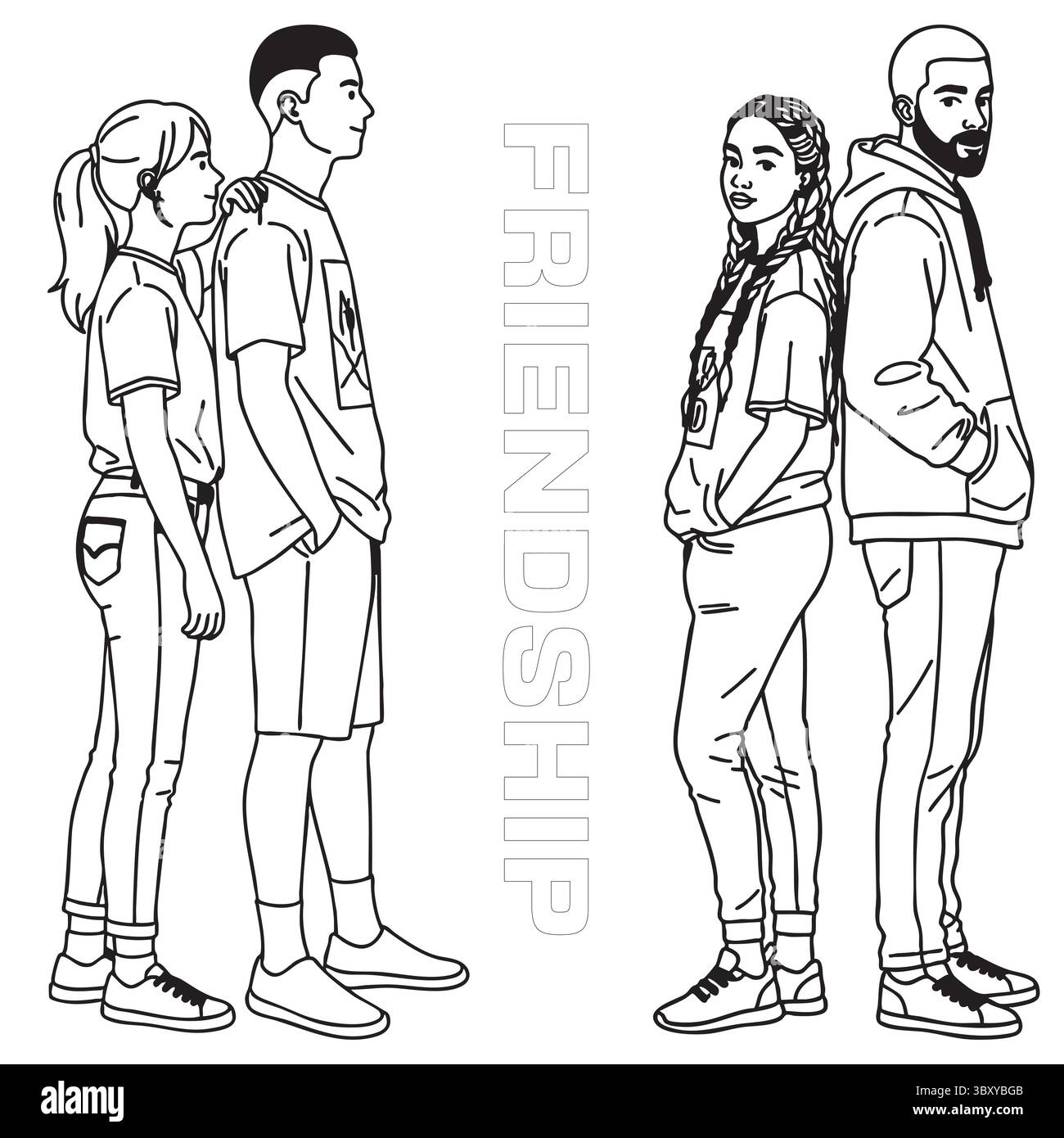 Freundschaftstag Hand gezeichnet Vektor-Illustrationen von besten Freunden umarmen, lachen, zusammen sitzen, Gruppe Freunde Kunstwerke für Karten, Poster, Aufkleber Stock Vektor