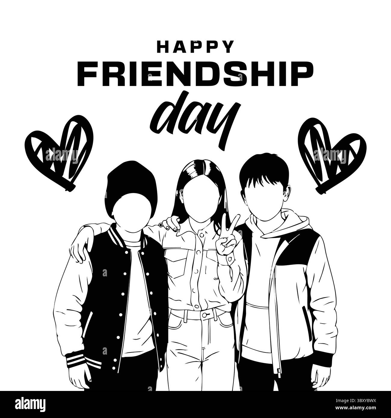Freundschaftstag Hand gezeichnet Vektor-Illustrationen von besten Freunden umarmen, lachen, zusammen sitzen, Gruppe Freunde Kunstwerke für Karten, Poster, Aufkleber Stock Vektor