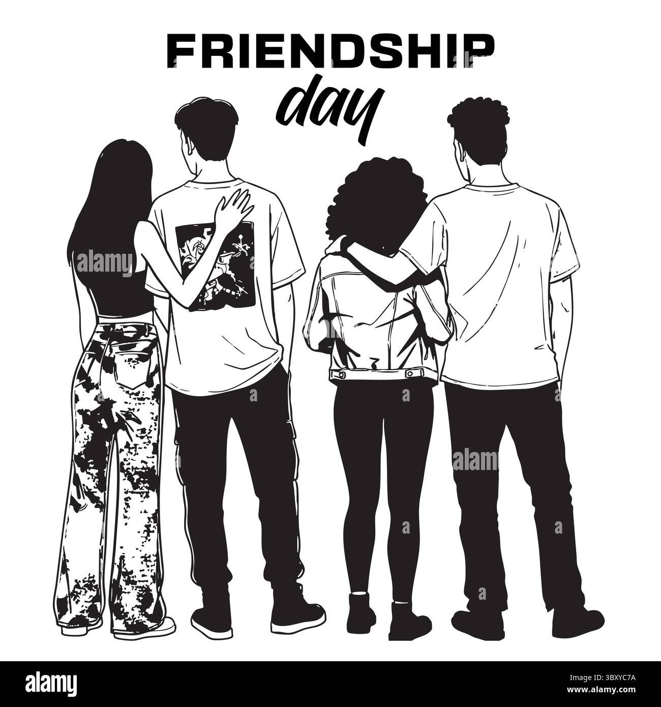 Freundschaftstag Hand gezeichnet Vektor-Illustrationen von besten Freunden umarmen, lachen, zusammen sitzen, Gruppe Freunde Kunstwerke für Karten, Poster, Aufkleber Stock Vektor