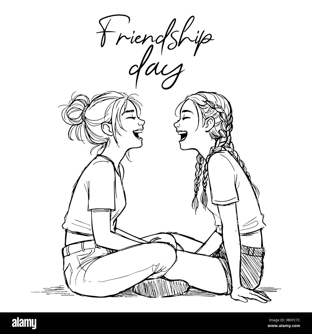 Freundschaftstag Hand gezeichnet Vektor-Illustrationen von besten Freunden umarmen, lachen, zusammen sitzen, Gruppe Freunde Kunstwerke für Karten, Poster, Aufkleber Stock Vektor