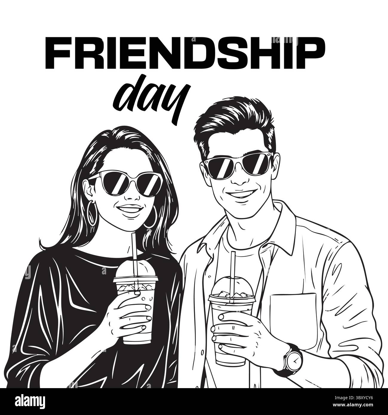 Freundschaftstag Hand gezeichnet Vektor-Illustrationen von besten Freunden umarmen, lachen, zusammen sitzen, Gruppe Freunde Kunstwerke für Karten, Poster, Aufkleber Stock Vektor