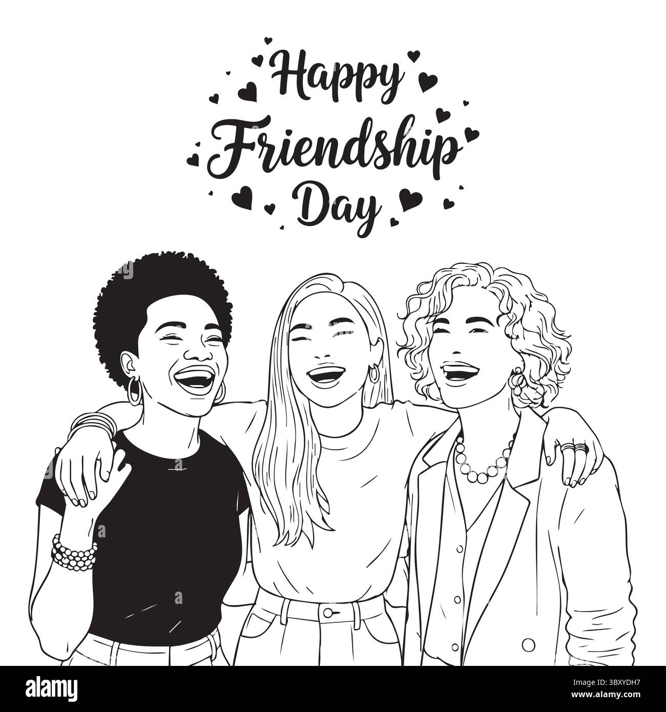 Freundschaftstag Hand gezeichnet Vektor-Illustrationen von besten Freunden umarmen, lachen, zusammen sitzen, Gruppe Freunde Kunstwerke für Karten, Poster, Aufkleber Stock Vektor