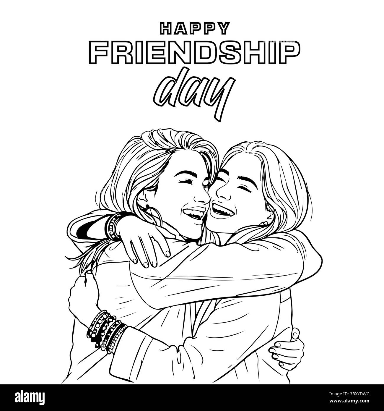 Freundschaftstag Hand gezeichnet Vektor-Illustrationen von besten Freunden umarmen, lachen, zusammen sitzen, Gruppe Freunde Kunstwerke für Karten, Poster, Aufkleber Stock Vektor