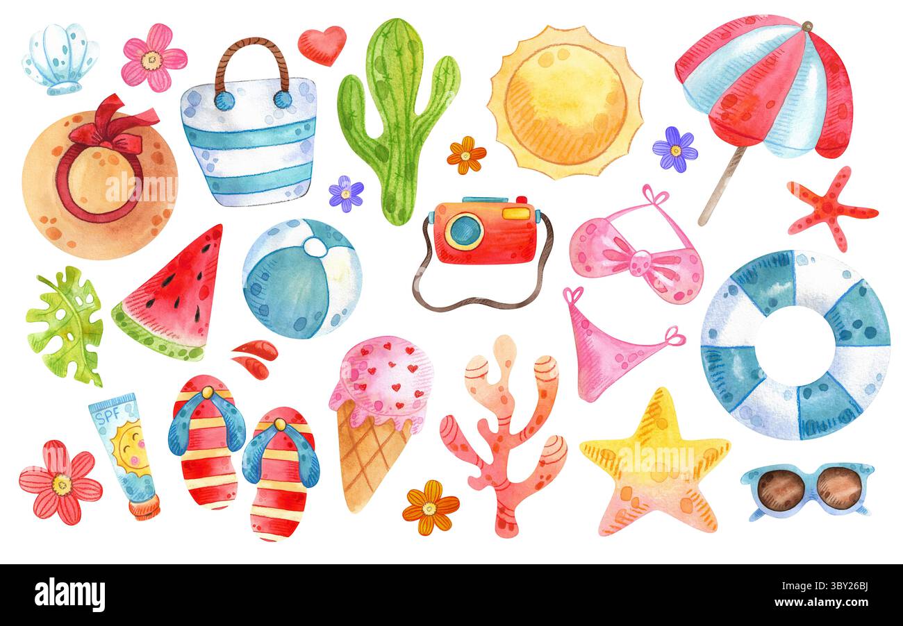 Set mit Aquarellen am Strand. Handgezeichnete Sommerobjekte: Badesachen, Kamera, Sonnenschirm, Sonnenbrille, Hut. Abbildung auf weißem Hintergrund. Stockfoto