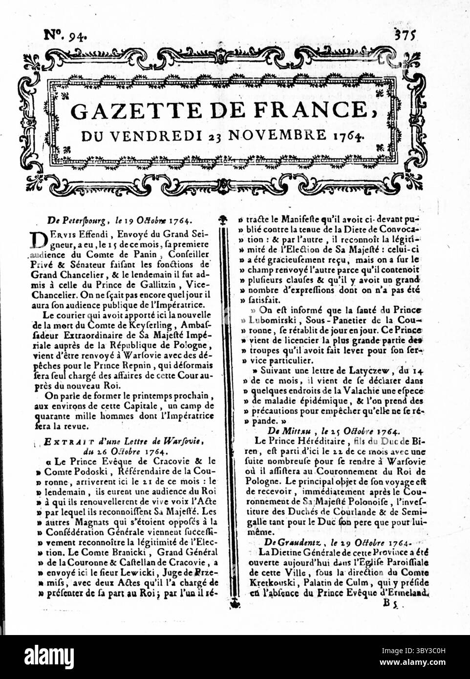 Vorderseite der GAZETTE DE FRANCE 23. November 1764 Stockfoto