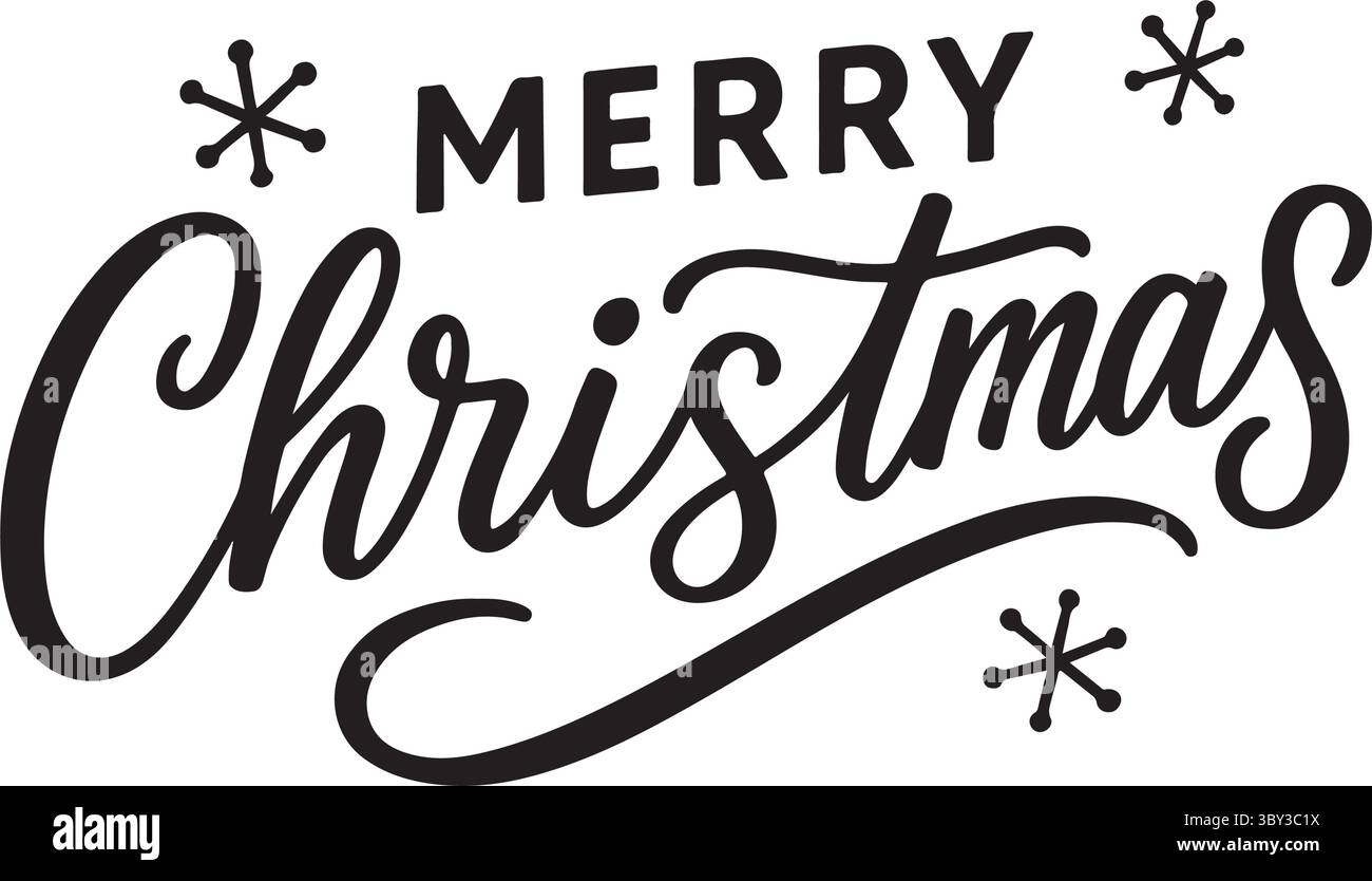 Ein wunderschöner Gruß zeigt den Ausdruck frohe Weihnachten in eleganter Kursivschrift. Dekorative Schneeflocken umgeben den Text und unterstreichen den festlichen Geist Stock Vektor