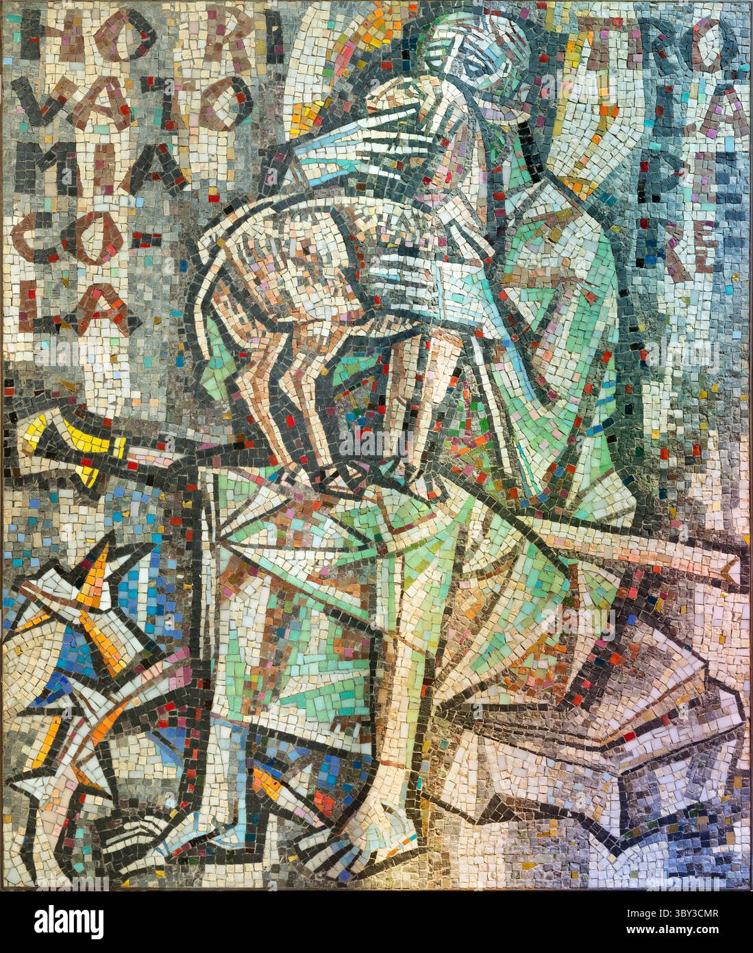 FLORENZ, ITALIEN - 18. MÄRZ 2025: Das moderne Mosiak des Guten Hirten-Sohnes in der Kirche Chiesa del Sacro Cuore von Giovanni Hajnal (1960). Stockfoto