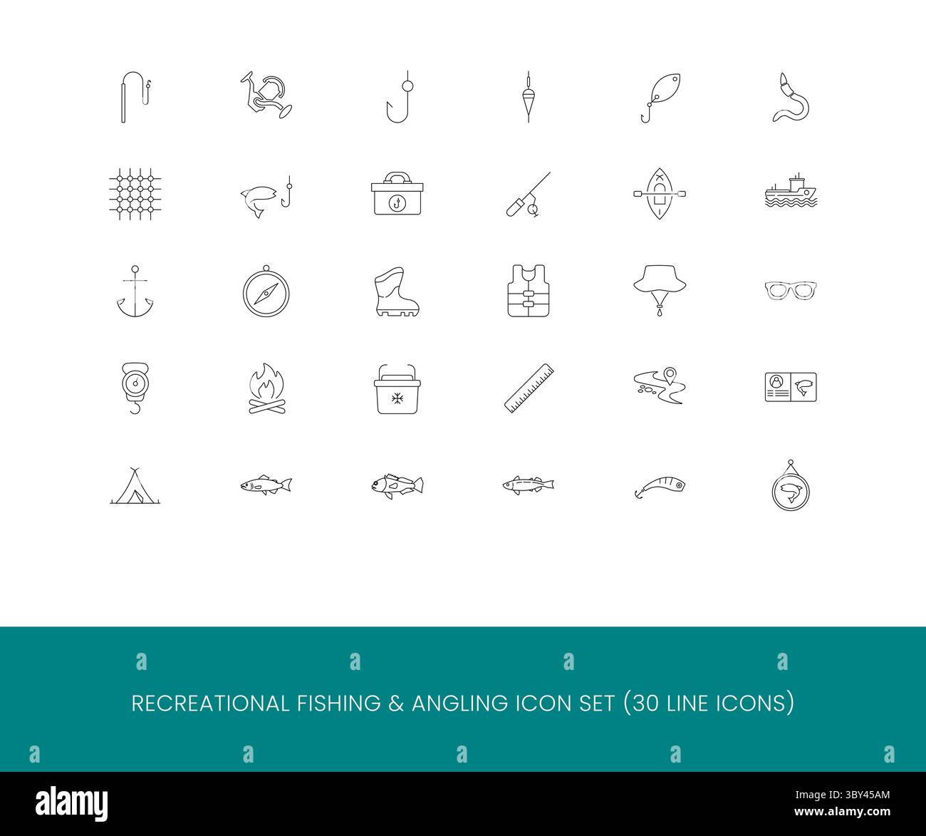 Freizeitfischen und Angeln dünne Linien – 30 minimale Symbole für das Angeln im Freien für Ausrüstung, Ausrüstung und Sport Stock Vektor