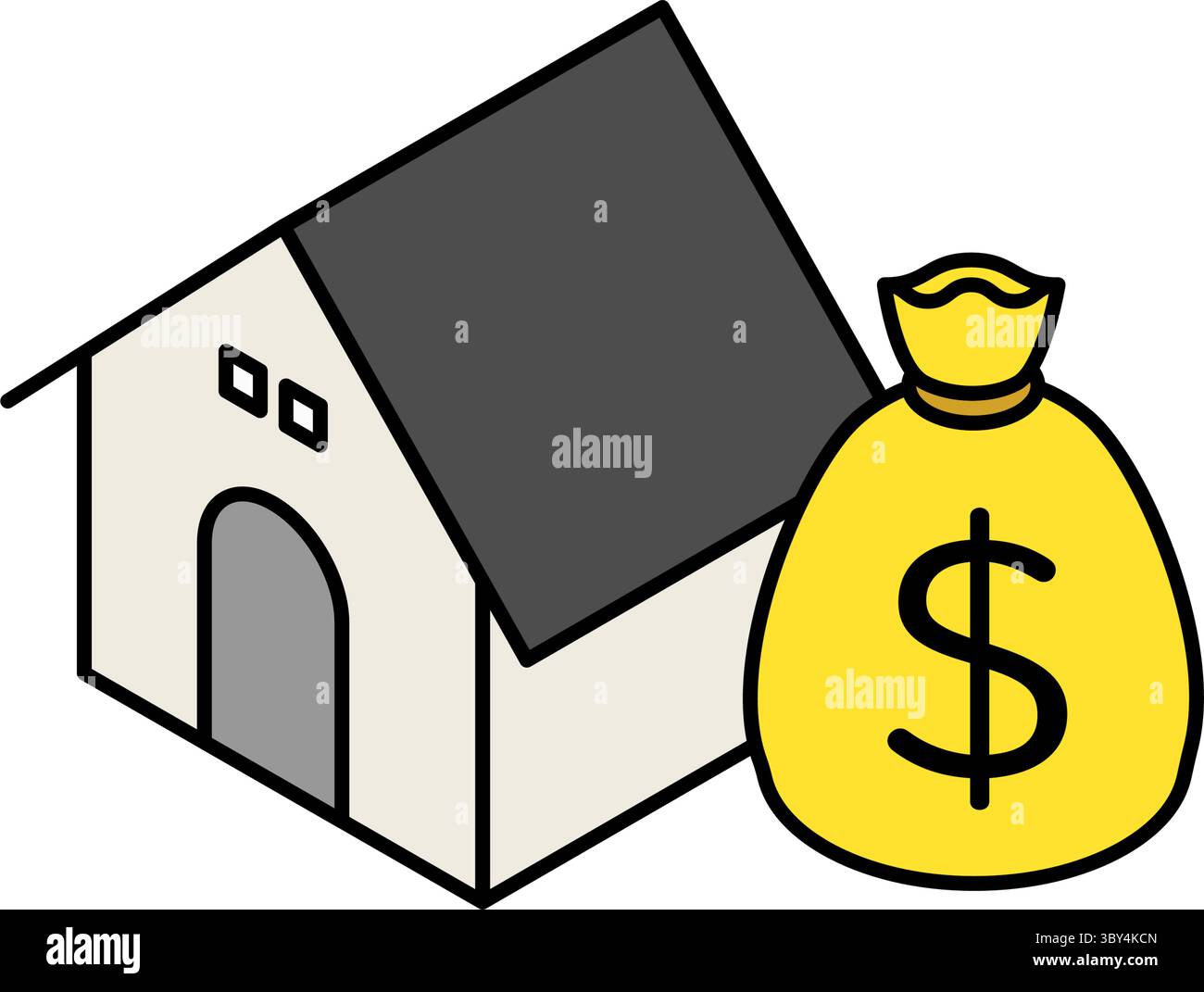 Haus- und Geldbeutel mit Hypothek einfache Linienzeichnung Symbol, isometrische Illustration von Wohnungsdarlehen und Finanzierung, Vektor-Illustration Stock Vektor