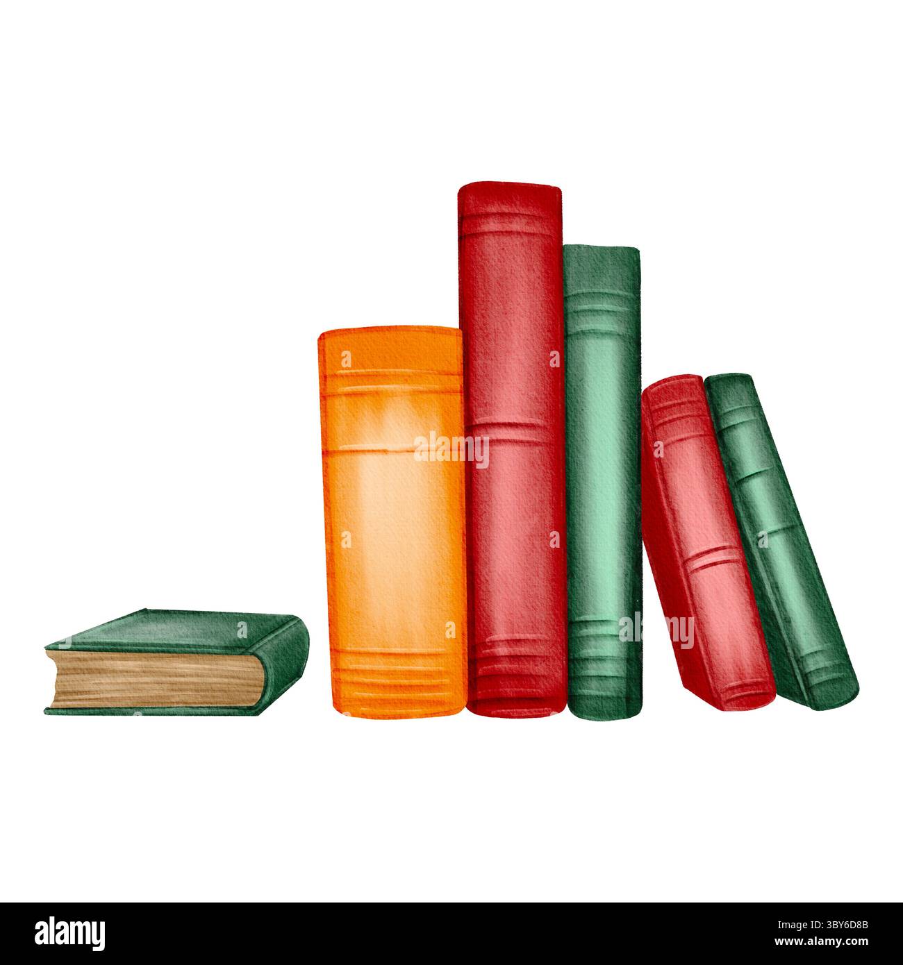 Stapel bunter Bücher in Grün-, Rot- und Orangetönen, eines liegt flach neben der Reihe. Handbemalt in sanftem Aquarellstil Stockfoto