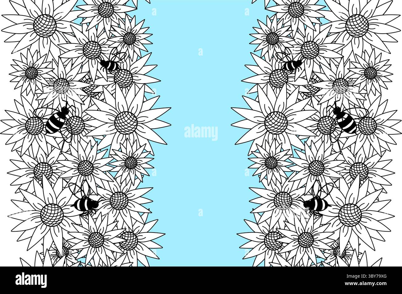 Sonnenblume mit Bienen vertikale nahtlose Rahmenschablone. Vektorgrafik-Strichdarstellung. Design mit Kranzanordnung. Perfekt für Karten, Dekoratio Stock Vektor
