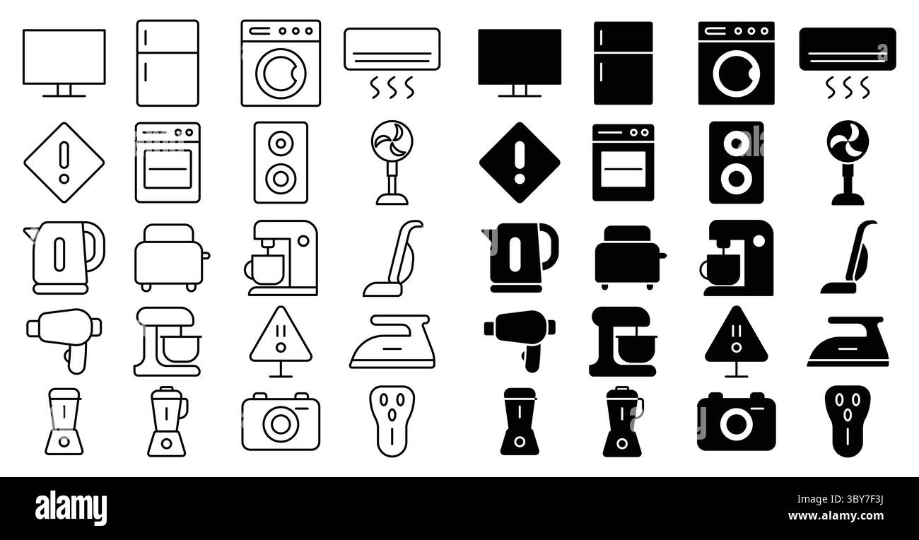 Eine Sammlung von Schwarz-weiß-Symbolen, die verschiedene Haushaltsgeräte veranschaulichen. Jedes Symbol steht für wichtige Geräte für Komfort, Nutzbarkeit und Modus Stock Vektor