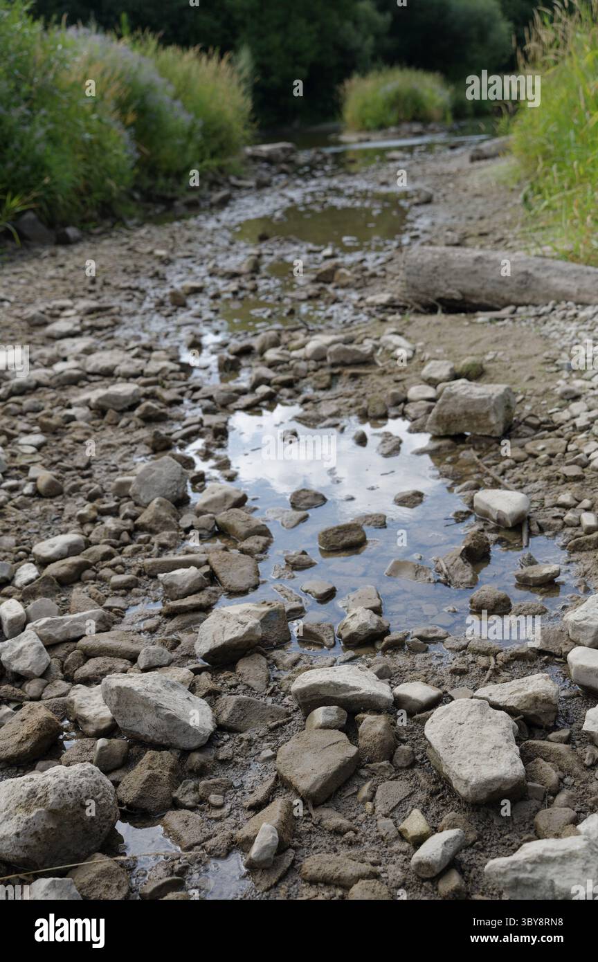 Ausgetrocknete Seitenbeete im Kochertal bei Schwäbisch Hall, Kocher, Fluss, Dürre, Sommer, Klimawandel, Klimafolgen, Dürre, Schwäbisch Ha Stockfoto