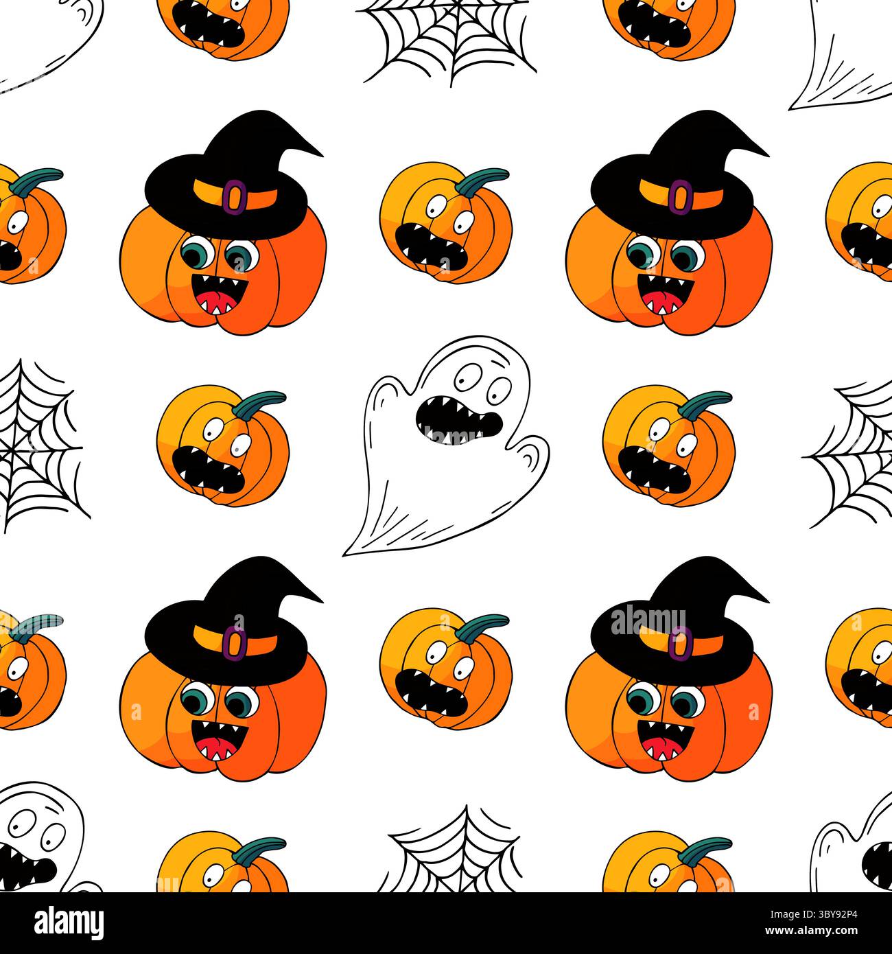 Nahtloses Halloween-Muster in Handzeichnung. Hintergrundbild für Ihre Kreativität. Jack-o-Laterne, Kürbis im Hexenhut. Druck für Design, Textil, Stoff, Stock Vektor