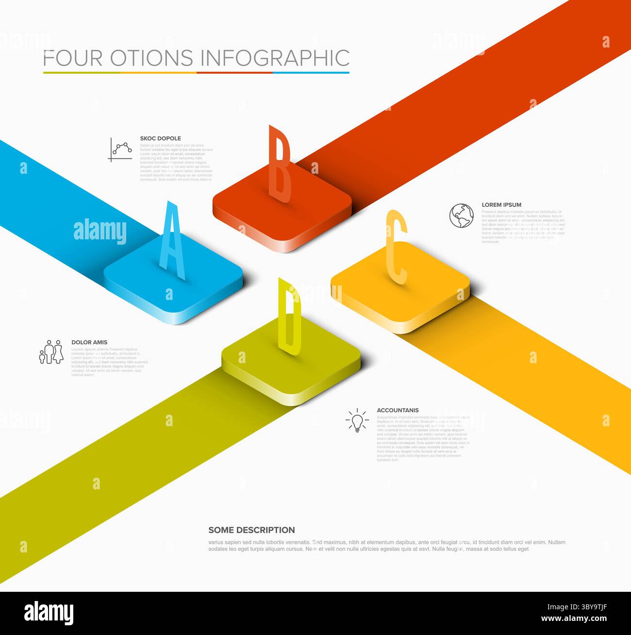 Eine moderne isometrische Infografik präsentiert vier farbenfrohe Optionen oder Schritte mit Text und Symbolen. Diese vierstufige Infografik ist ideal für geschäftliche Präsentationen Stock Vektor