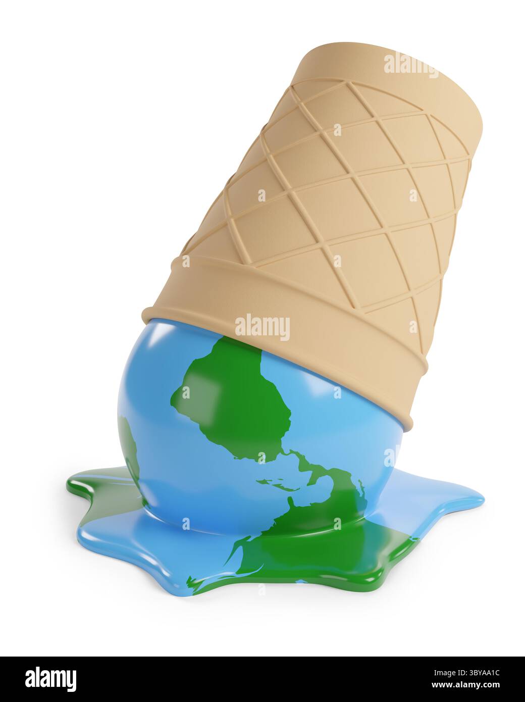 Geschmolzenes Eis in Form des Planeten Erde isoliert auf weißem Hintergrund. Konzept der globalen Erwärmung. 3D-Abbildung. Stockfoto