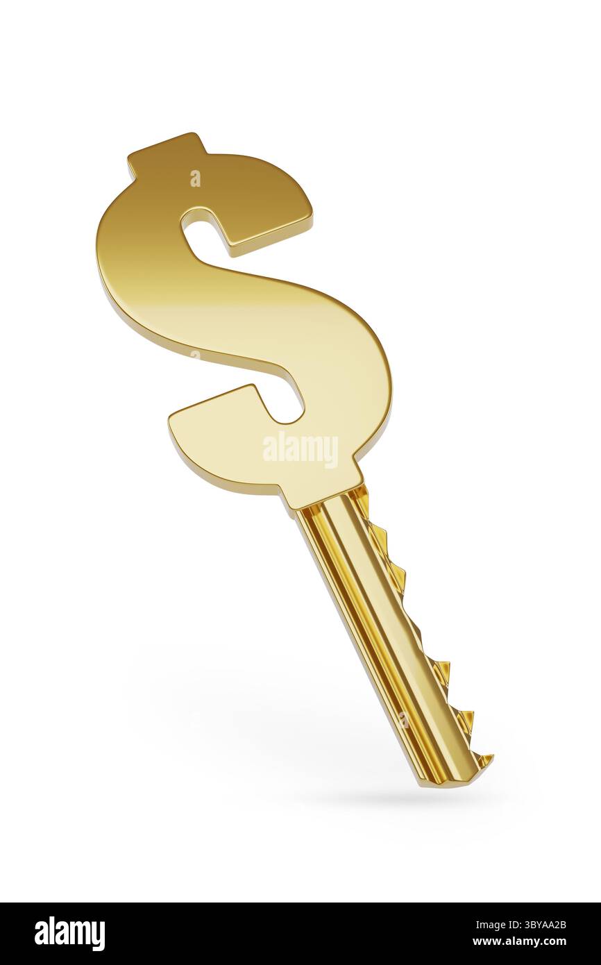 Goldener Schlüssel mit dem Dollarzeichen isoliert auf weißem Hintergrund. 3D Abbildung. Stockfoto